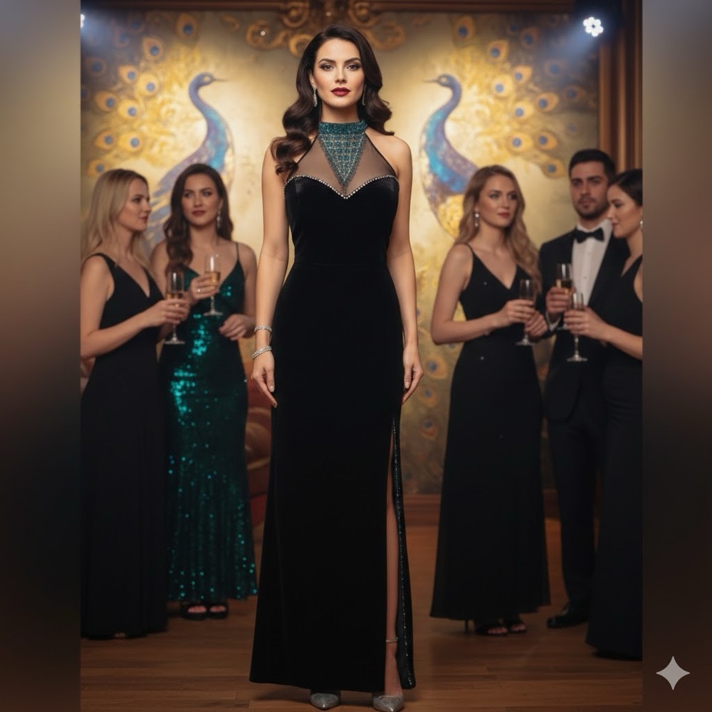 J Casseria Velour Sleeveless Evening Gown Rhinestones